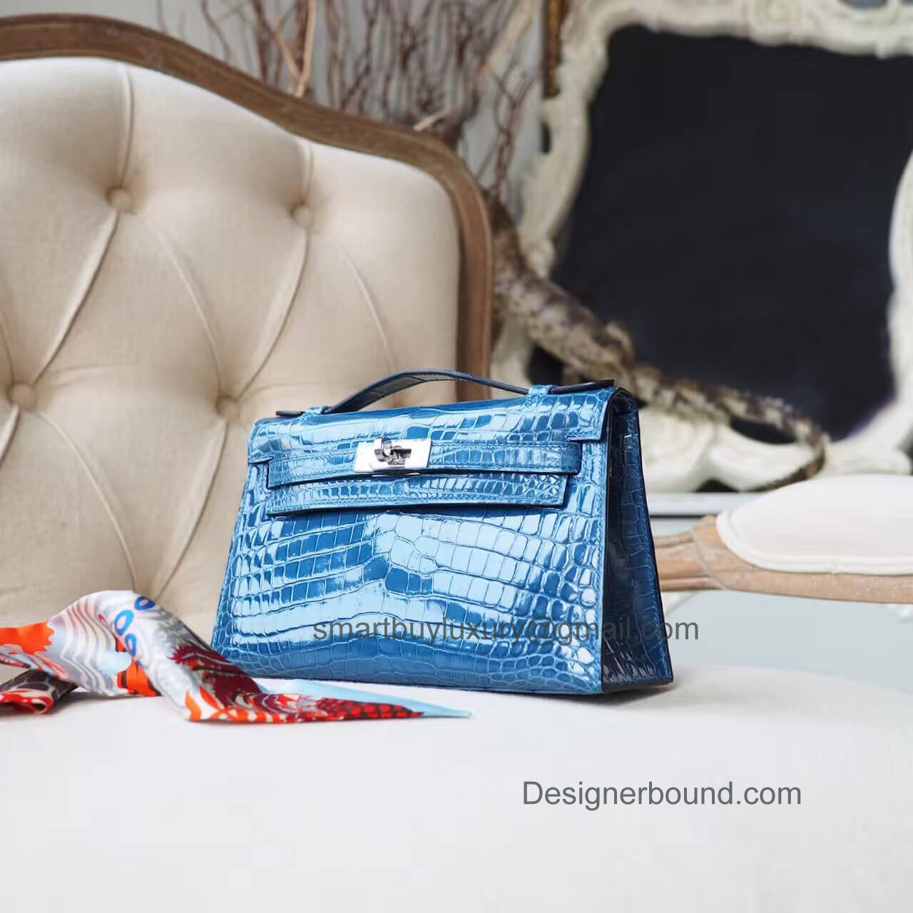 Hermes Mini Kelly 22 Pochette Bag in n7 Blue Tempete Shiny Nile Croc PHW